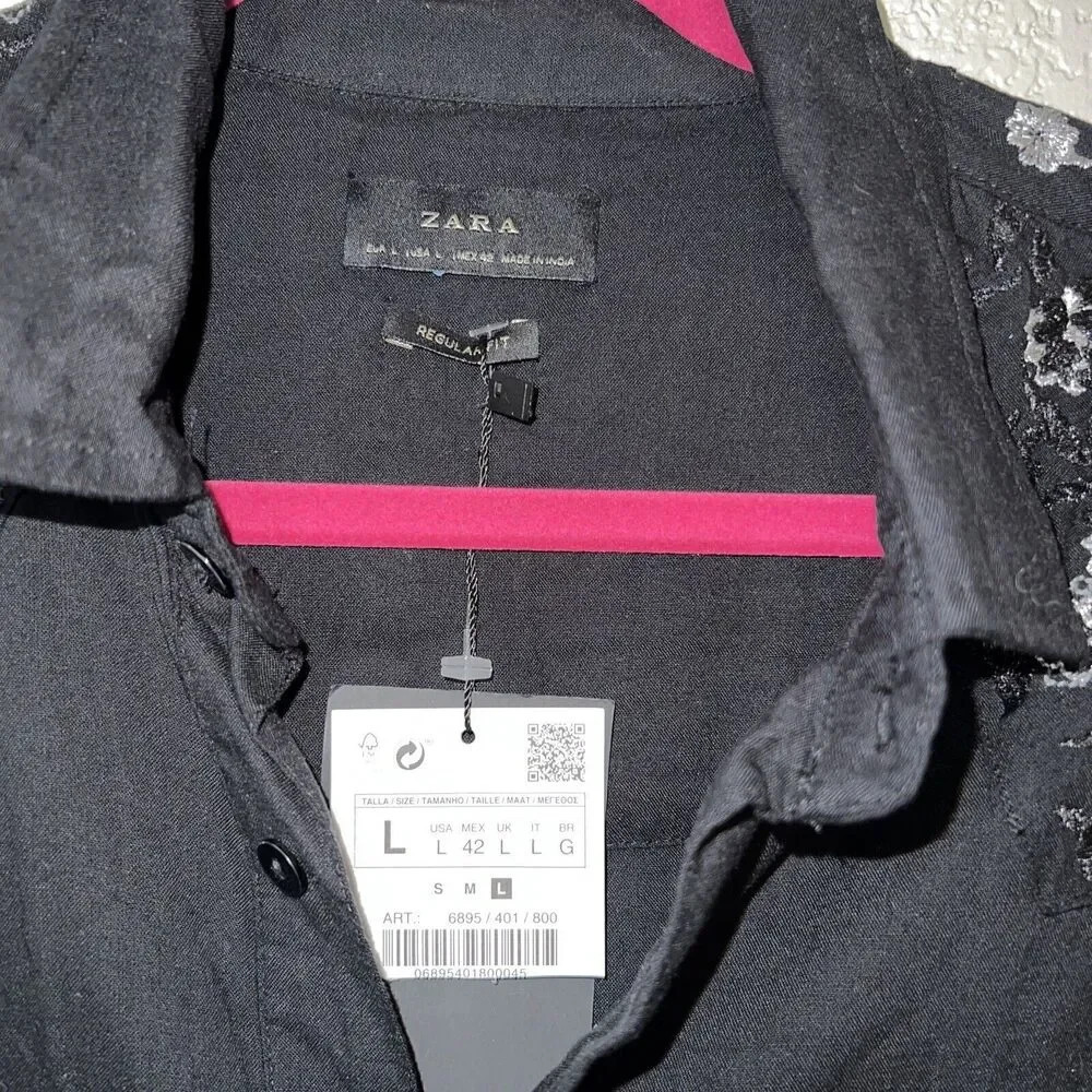NWT Zara Black Embroidered Button Up Blouse - Picture 2 of 10